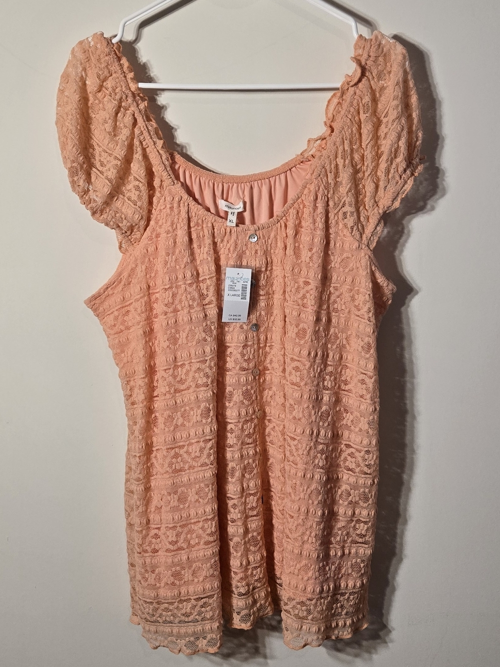 Maurices Sz XL Peach Lace Scoop Neck Short Sleeve Tunic Top